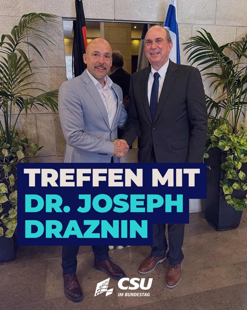 CSU_bt-Chef <a href="/Hoffmann_MdB/">Alexander Hoffmann</a> hat in Jerusalem <a href="/JosephDraznin/">Joseph Draznin, PhD</a>, den Stellv. Nationalen Sicherheitsberater der 🇮🇱Regierung getroffen. Die beiden haben sich über die Sicherheitslage im Nahen Osten und 🇩🇪 Rolle in der Region ausgetauscht.