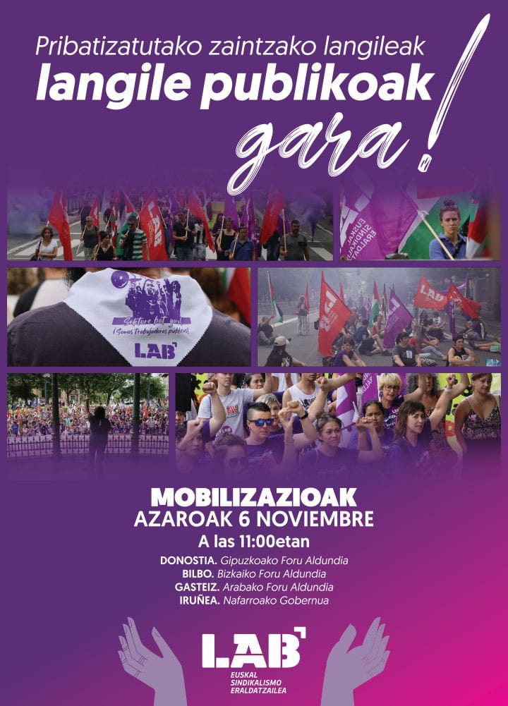 🚨GARRANTZITSUA!!! 

💥 MOBILIZAZIOAK Hegoaldeko lau hiriburuetan

🟣 Pribatizatutako zaintza zerbitzuetako langileek administrazioei aurrekontuetan LAU KONPROMISO hauek hartzea aldarrikatzen dituz

🗓 Azaroak 6
⏰ 11:00

📍 Bizkaiko Aldundia

📍Diputación de Bizkaia.