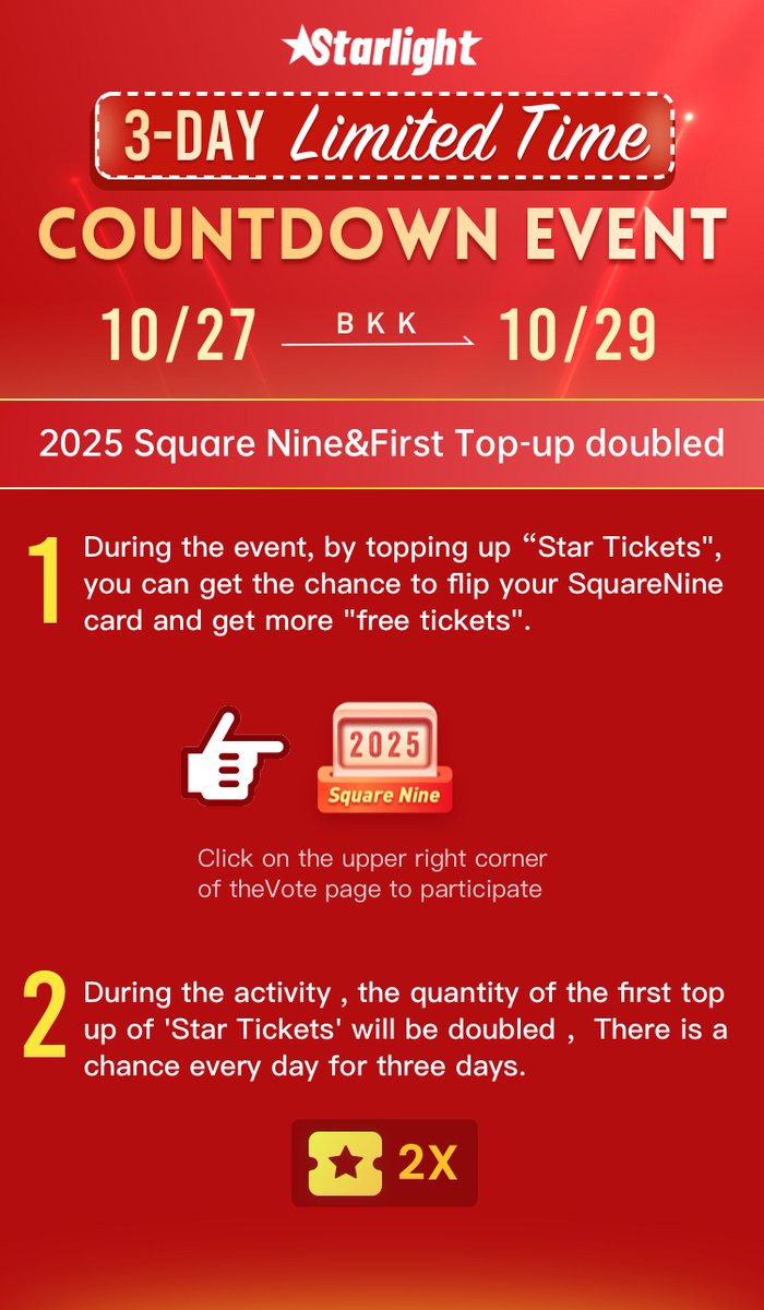 🫶3-DAY Limited Time COUNTDOWN EVENT

🗓️Time: Oct.27 - Oct.29

🔗Link: starlightawards.asia

👇See the picture for details of the event

#STARLIGHTAWARDS