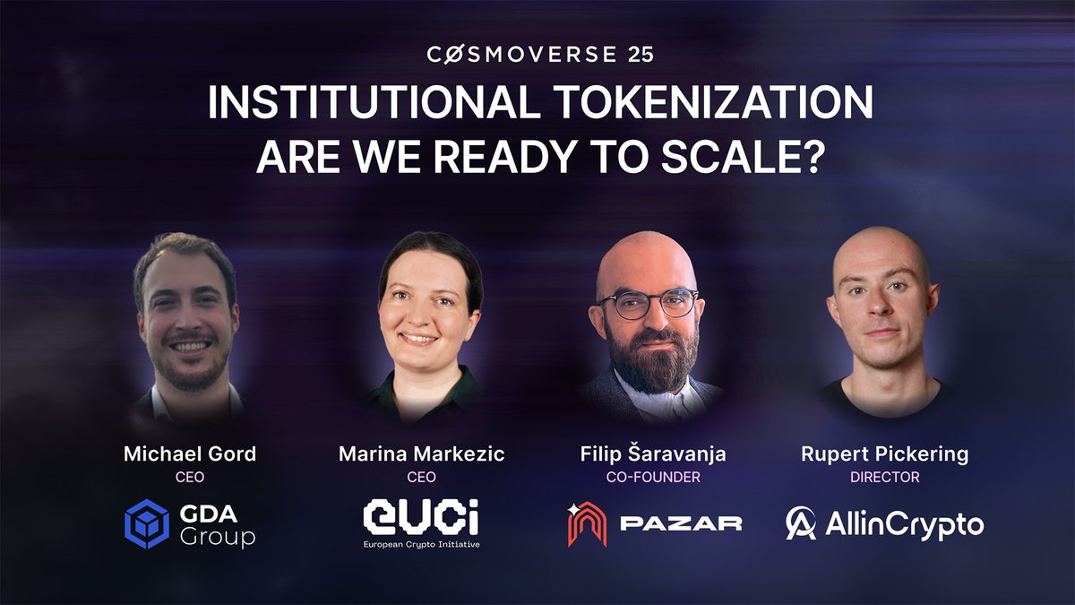 CosmoverseHQ's tweet photo. Institutional Tokenization: Are We Ready to Scale?

On Day 1, industry leaders from GDA capital, EUCI, and Pazar will take the stage at #Cosmoverse25 to debate the path to scalable, compliant tokenization.

Moderated by Rupert Pickering - @RealAllinCrypto https://t.co/9y4H5rkAow