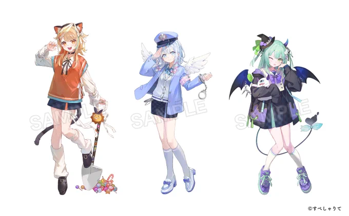 「すぺしゃりて学園ハロウィンパーティ2025」にて 夏河ひのり様、あいうらら様、王猛ちたむ様のグッズイラストを担当させていただきました! よろしくお願いします～!(1/2) #すぺしゃりて学園ハロウィンパーティ2025