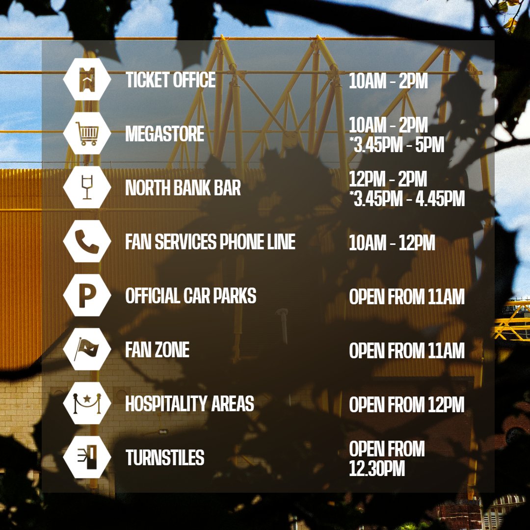 A full schedule of matchday timings for our home <a href="/premierleague/">Premier League</a> fixture against <a href="/BurnleyOfficial/">Burnley FC</a> here at Molineux this afternoon 🕑