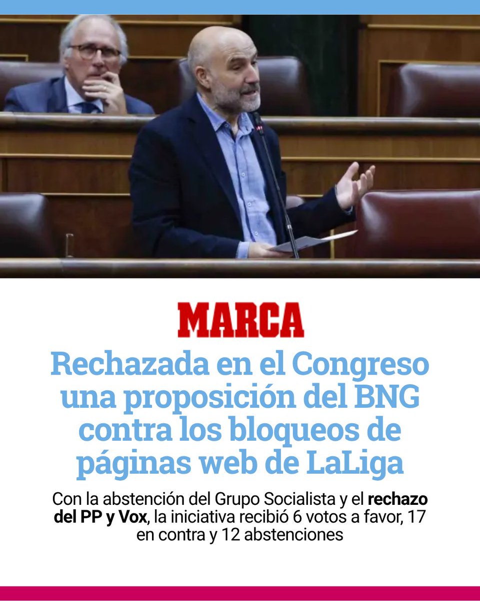 🤨 Non houbo sorpresa nas Gaunas. Os votos en contra de PP-VOX e a abstención do PSOE impediron que prosperase a iniciativa do BNG contra os bloqueos de LaLiga de páxinas web que nada teñen a ver coa pirataría. Tebas gaña (de momento).

🔗 f.mtr.cool/zejdeuwdrk