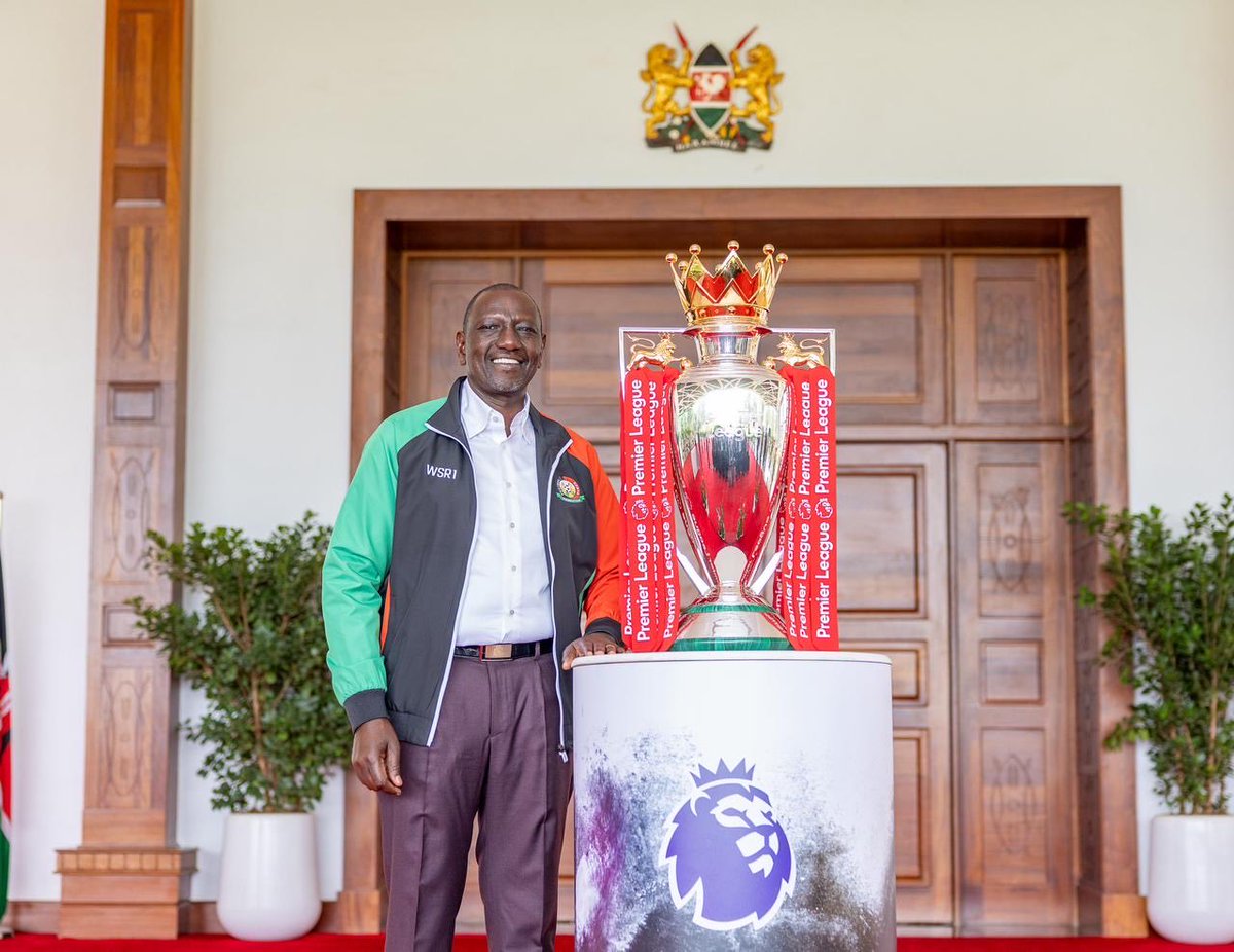 WilliamsRuto's tweet photo. We are a country full of cutting-edge sport talents that belong to the global stage. 

That is why we are building modern sports infrastructure across Kenya to nurture talents and unlock opportunities for our youth to grow. 

At State House, Nairobi, celebrated the arrival of the English Premier League Trophy in Kenya.