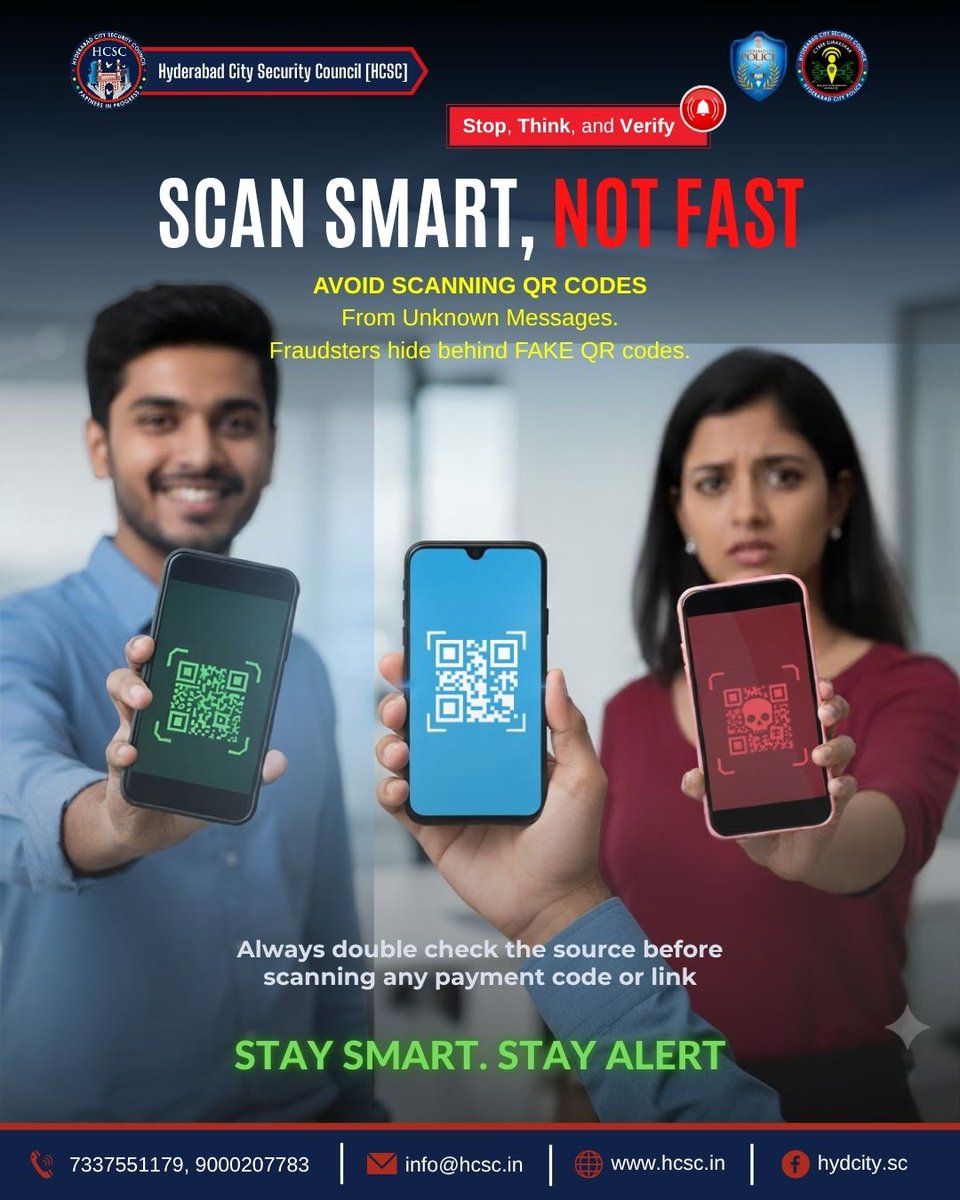 HCSC_Hyd's tweet image. 🛑 Scan Smart, Not Fast! 🛑
QR code scams are rising — fraudsters hide fake payment links behind random codes.
⚠️ Avoid scanning unknown QR codes
✅ Double-check the source before payments
A single scan can drain your money. Stay smart, stay alert!
#QRCodeFraud #CyberSafety