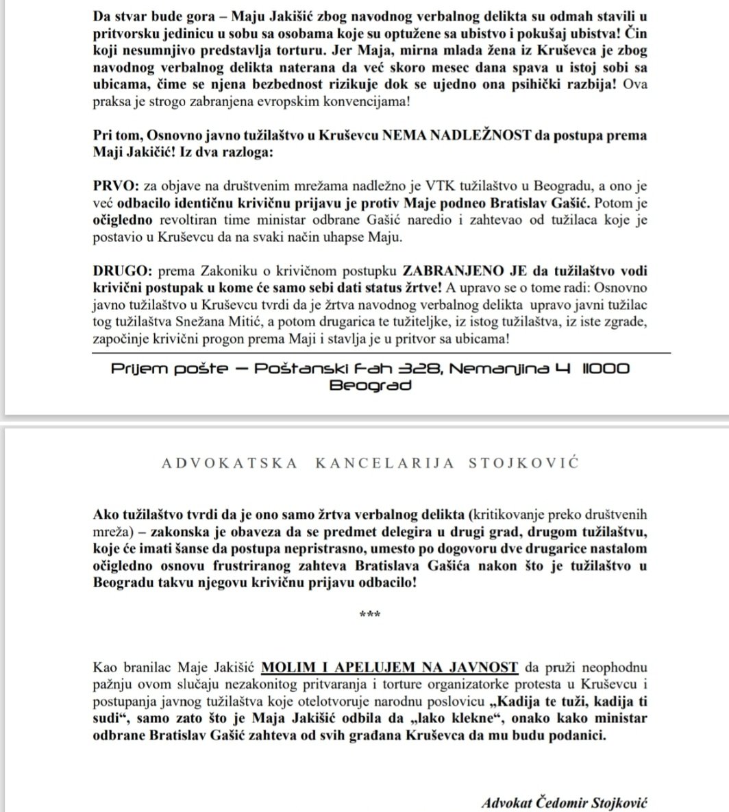 ‼️🗞️🗣️ HITNO SAOPŠTENJE ZA JAVNOST:
Bratislav Gašić već skoro mesec dana organizatorku protesta iz Kruševca Maju Jakišić (30g) drži u pritvoru u Kruševcu jer je ko-organizovala protest ispred njegove kuće. 

Kada je Beograd odbacio njegovu krivičnu prijavu za navodno proganjanje,