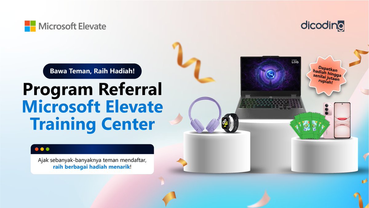 dicoding's tweet image. Emangnya bisa, belajar AI di program Microsoft Elevate Training Center dapetin hadiah?! Bisa dong!🥳 

Caranya kamu cukup membagikan informasi program ini ke kerabatmu dan ajak mereka daftar dan belajar juga ya!

#DicodingThread