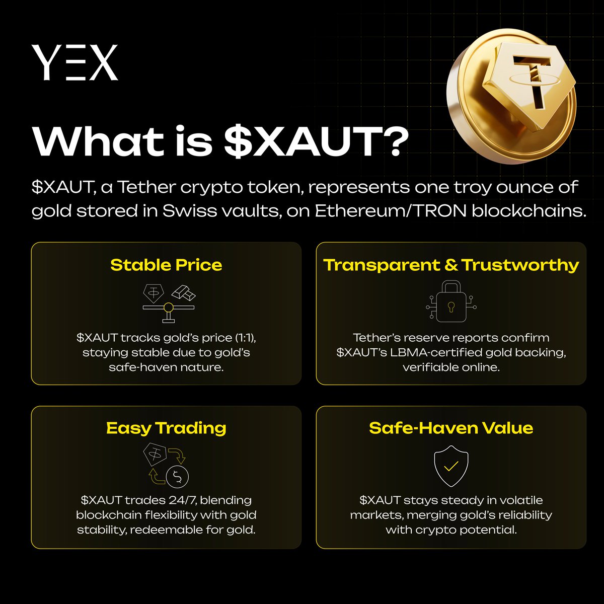 yex.io (@yex_exchange) on Twitter photo π‘ What is $XAUT? <a href="/tethergold/">Tether Gold</a>
$XAUT, a Tether crypto token, represents one troy ounce of gold stored in Swiss vaults, on #Ethereum/#TRON blockchains.
π° A stable, gold-backed crypto for your portfolio.
Start trading now π yex.io/en_US/trade/XAβ¦
#YEX #XAUT #TetherGold π‘ What is $XAUT? <a href="/tethergold/">Tether Gold</a>
$XAUT, a Tether crypto token, represents one troy ounce of gold stored in Swiss vaults, on #Ethereum/#TRON blockchains.
π° A stable, gold-backed crypto for your portfolio.
Start trading now π yex.io/en_US/trade/XAβ¦
#YEX #XAUT #TetherGold