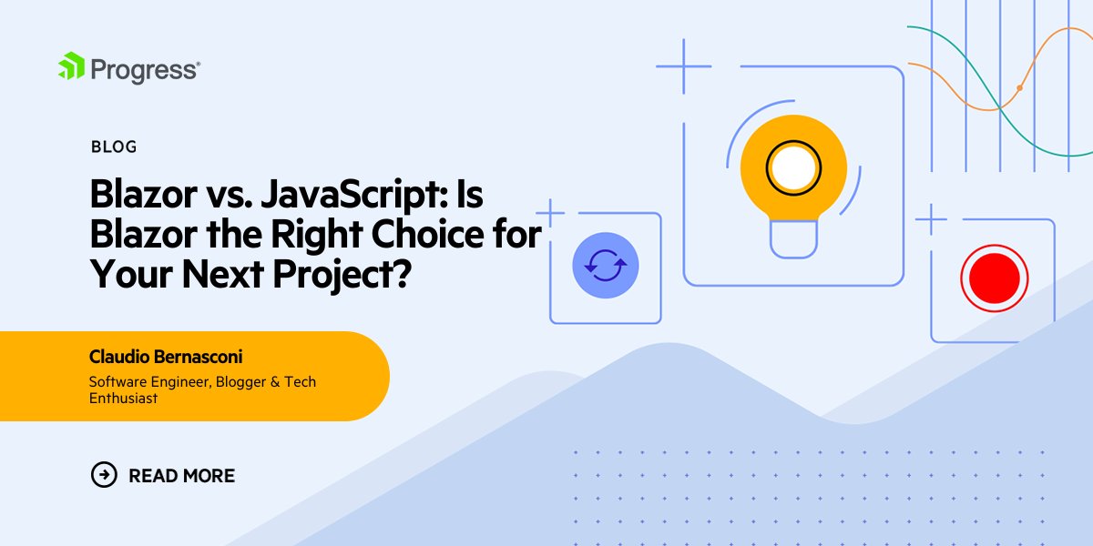 Telerik's tweet image. It's time to settle the score: #Blazor vs. #JavaScript! 🌐
Using his years of experience, @CHBernasconiC lays out a pretty handy guide on selecting Blazor or a JS framework!
Get the inside scoop on the tooling, ecosystem, & real-world application of both technologies:…