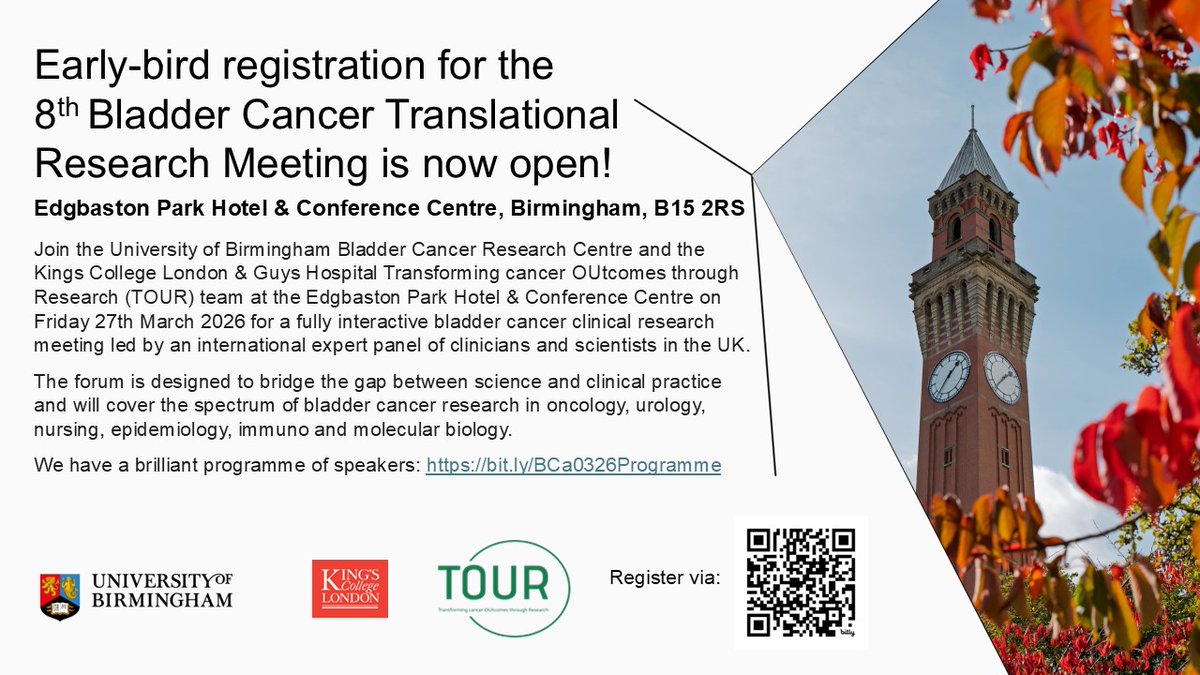 unibirm_TRT's tweet image. 📢Early-bird registration for the 8th Bladder Cancer Translational Research Meeting is now open!📢
We have a brilliant programme of speakers lined up: bit.ly/BCa0326Program…
Come and join us in  March next year :  bit.ly/BCa0326Registr…