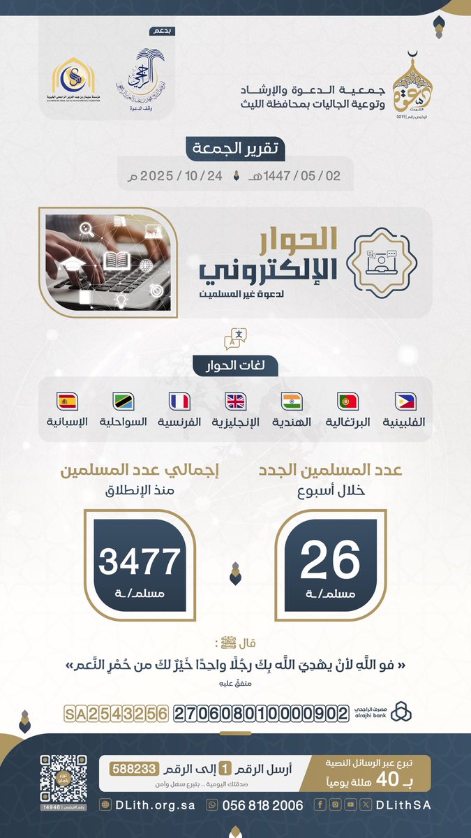 #تقرير_الجمعة | الحمد لله الذي عمَّ فضله، فشهد هذا الأسبوع دخول 26 مهتديًا في نور الإسلام.✨

اللهم ارزقهم نور العلم، وصِدق العمل، وثبات اليقين.

ساهم في دعوتهم وتعليمهم واصنع أثرًا لا ينقطع بإذن الله.
🌐 donations.sa/project/62313