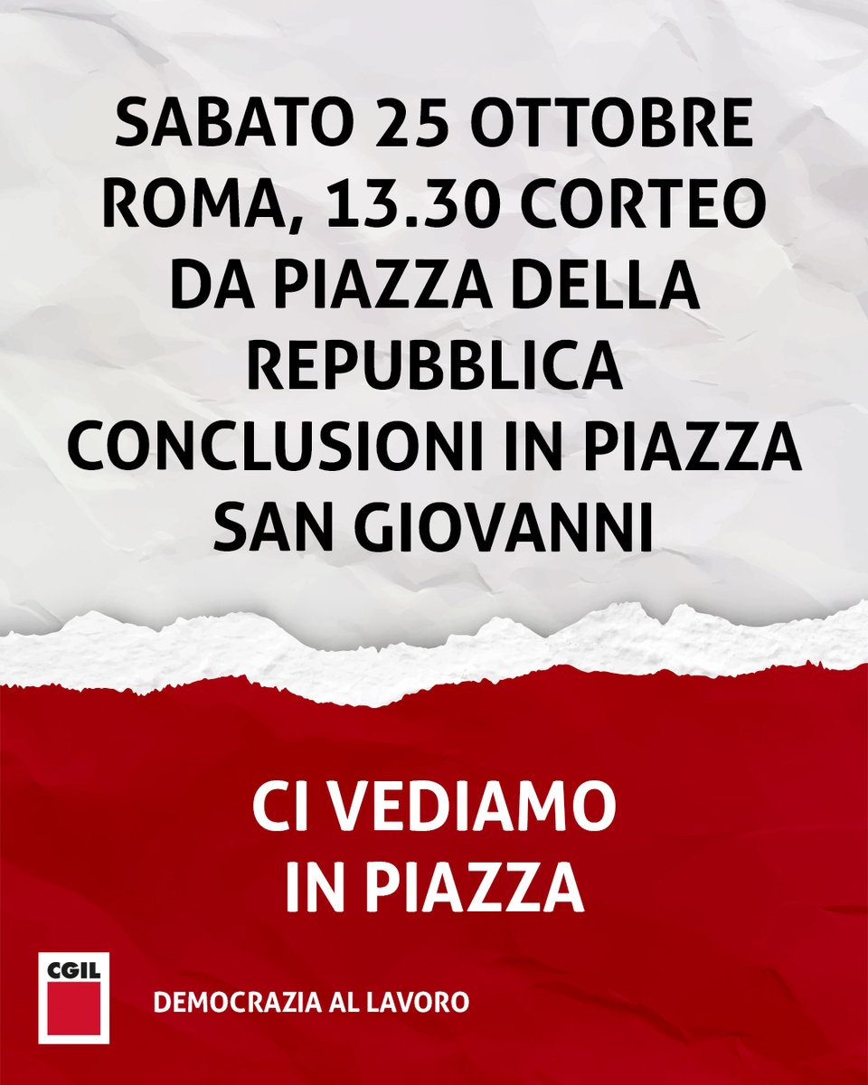 Domani 25 ottobre saremo in Piazza San Giovanni, a Roma, per chiedere l’aumento di salari e pensioni, una vera riforma fiscale, investimenti su sanità e scuola. Per dire NO al riarmo e alla precarietà. Per fare sentire la nostra voce.

Il 25 ottobre noi ci saremo. E tu?

Corteo