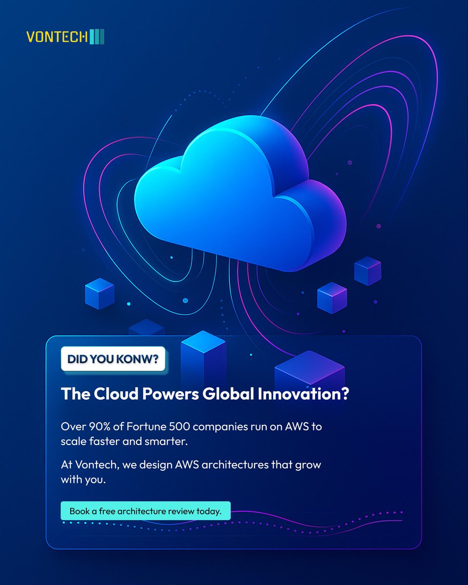 Vontechgroup's tweet image. Cloud technology isn’t just the future, I t’s the foundation of today’s innovation.
At Vontech, we build AWS-powered architectures that help businesses grow smarter and faster.
☁️ Let’s design a cloud strategy that scales with you.
#Vontech #CloudComputing #AWS #Innovation