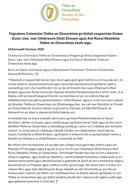 Tá áthas ar Choimisiún Thithe an Oireachtais a fhógairt go bhfuil ceapachán Elaine Gunn, Uas. mar Chléireach Dháil Éireann agus Ard-Rúnaí Sheirbhís Thithe an Oireachtais faofa aige.
Preasráitais: oir.ie/6f7f894
#FéachTúFéin
