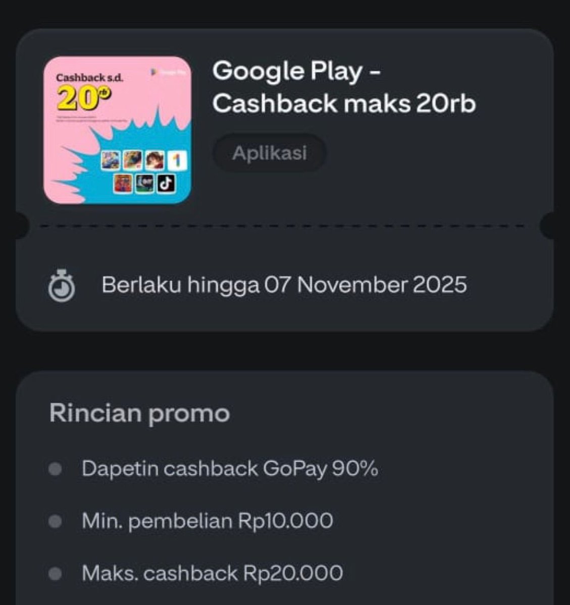 CASHBACK 90% 20RB Google Play/android

kode :  GOPAYGOOGLEPLAY20K

input di apk Gopay