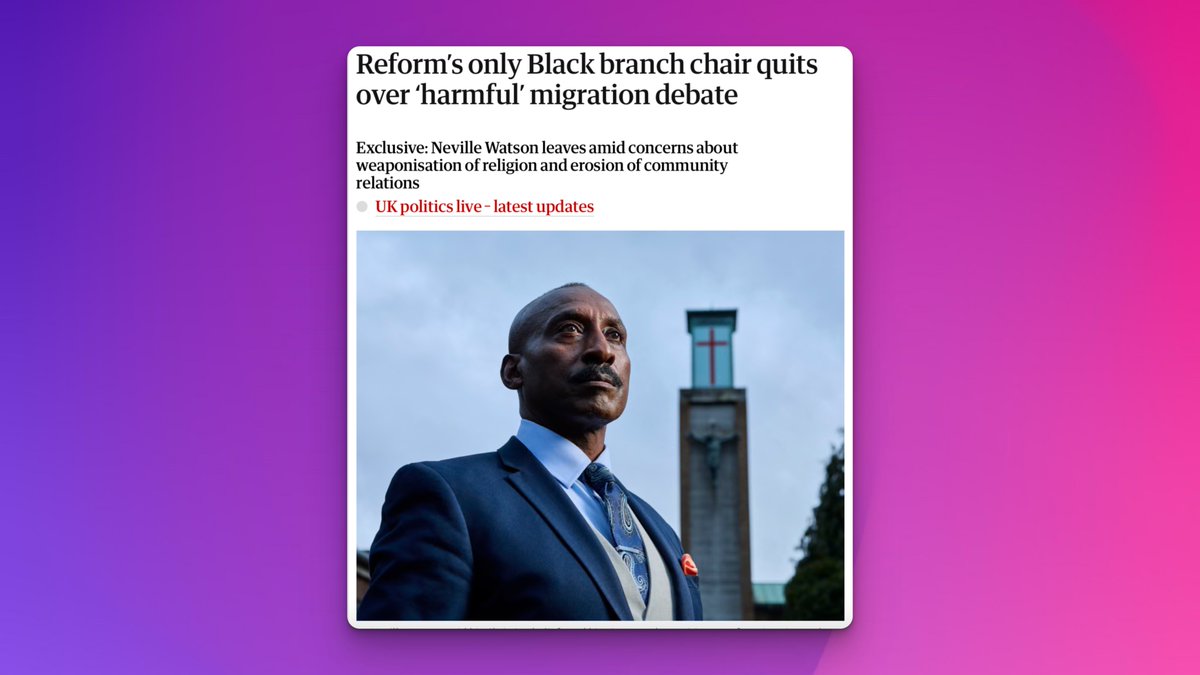 I was so encouraged to hear that Neville Watson, Reform’s only Black branch chair, has chosen to speak out — guided by his Christian convictions — against his party’s anti-immigrant stance.

In his own words, Neville recognised that some voices in politics are “stoking a fire”