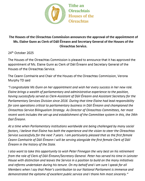 The Houses of the Oireachtas Commission is pleased to announce that it has approved the appointment of Ms. Elaine Gunn as Clerk of Dáil Éireann and Secretary General of the Houses of the Oireachtas Service.
Press Release: oir.ie/fcd8dbe
#SeeForYourself