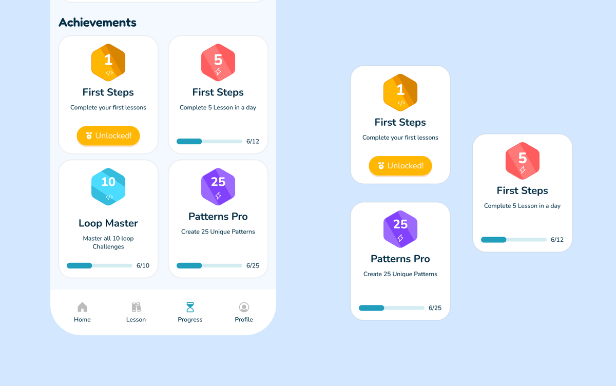 iammSunnyBoss's tweet image. I created some basic illustration badges for the Progress and Achievement screen for the kids' coding learning app.