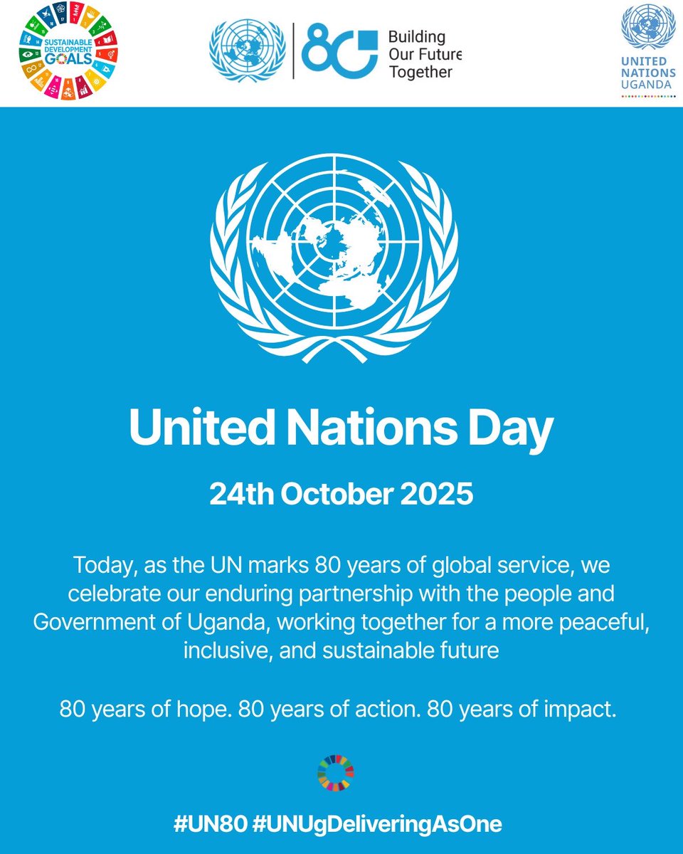 UNinUganda's tweet image. As we mark #UNDay, the UN in Uganda stands with all partners to keep building a better world for people and planet.
#UN80
