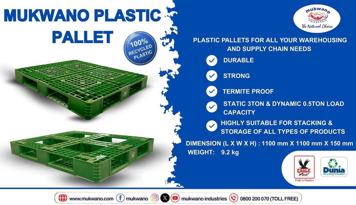 mukwano_ind's tweet image. Mukwano Plastic Pallets are Engineered to carry the weight of your business. They are durable, strong, termite-proof, and made from 100% recycled plastic💪

Visit our Mart (Plot No 30A, kibira (Mulwana) rd, next to Uganda Baati) | Call: +256393241822

#MukwanoIndustries #pallets