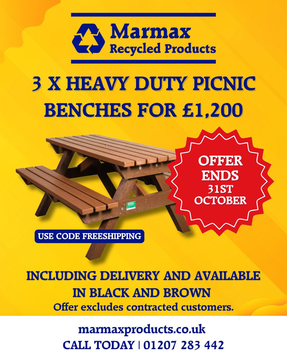 Get our best seller, for less...💰
 
Enjoy our £x3 for £1200 offer on our best-selling Heavy Duty Picnic Bench.
 
For black or brown benches only.
 
Be quick, this offer ends 31st October!🚨🛍️