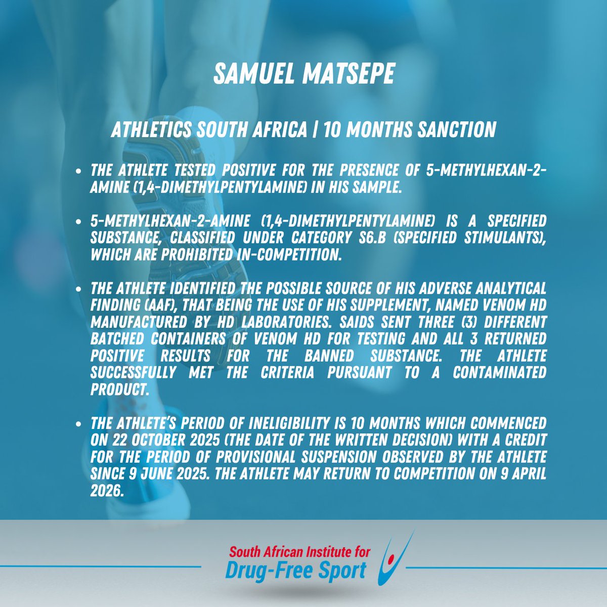 drugfreesportZA's tweet image. Fair play matters! Check out the latest doping cases &amp;amp; sanctions in South African sports for October 2025. Let&apos;s keep our games clean.  
Find the link: drugfreesport.org.za/recent-doping-… 

#DopingFree #PlayFair #SouthAfricanSport #DopingCases2025