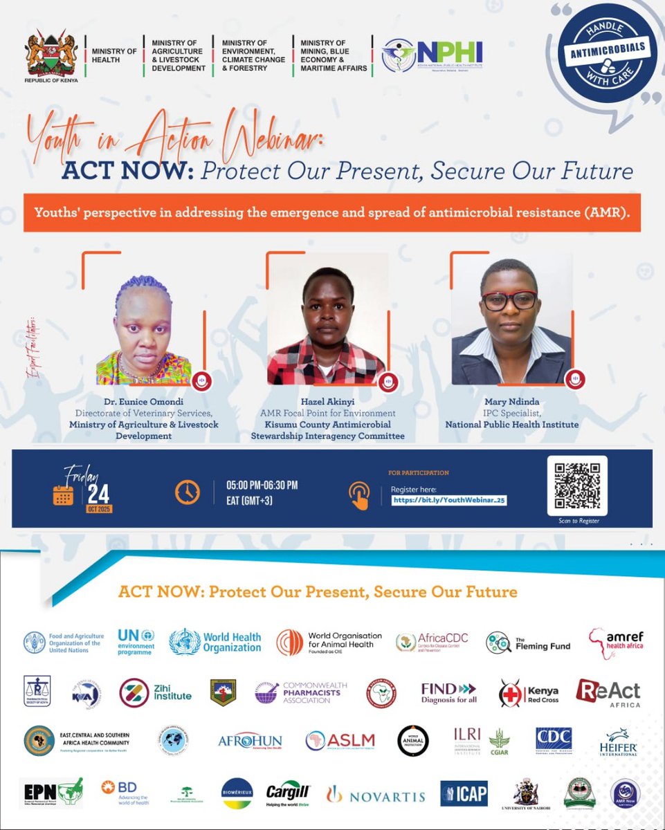 Your Voice Matters on AMR! 📢

Join the Youth in Action Webinar to shape the fight against Antimicrobial Resistance!
🗓 Friday, October 24, 2025 🕔 5:00 PM - 6:30 PM EAT 💻 Platform: Zoom
Ready to contribute? Register now!
👉🏽 bit.ly/YouthWebinar_25

#AntimicrobialResistance