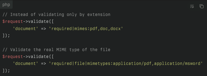 OMascatinho's tweet photo. 🚀✅✨ Laravel Tip

Did you know you can validate files by their actual MIME content instead of just the extension? This significantly improves your upload security.
This prevents malicious users from uploading dangerous files renamed with safe extensions. 🔒

#Laravel #PHP #DevTips #CodeSnippet #Security