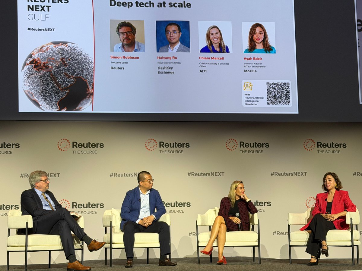 ai71official's tweet image. Our Chief Advisory &amp;amp; Business Officer, Chiara Marcati, joined industry leaders at Reuters NEXT Gulf in Abu Dhabi for a thought-provoking panel discussion on “Deep Tech at Scale.”

From AI to robotics, the conversation explored how cutting-edge technologies are transforming…