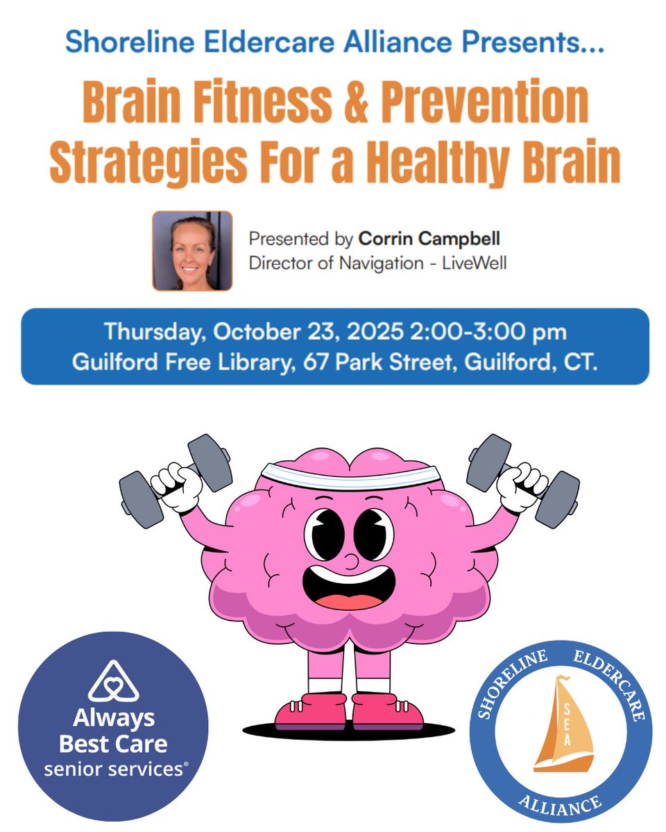 abcnewhavenct's tweet image. TODAY!
In this interactive presentation, participants will engage in acticities to exercise the 6 major cognitive domains of the brain while having fun! 🧠

#BrainFitness #FreeSeminar #GuilfordEvents #HealthcareEducation #SeniorCare #BrainHealth #AlwaysBestCare #SeniorServices