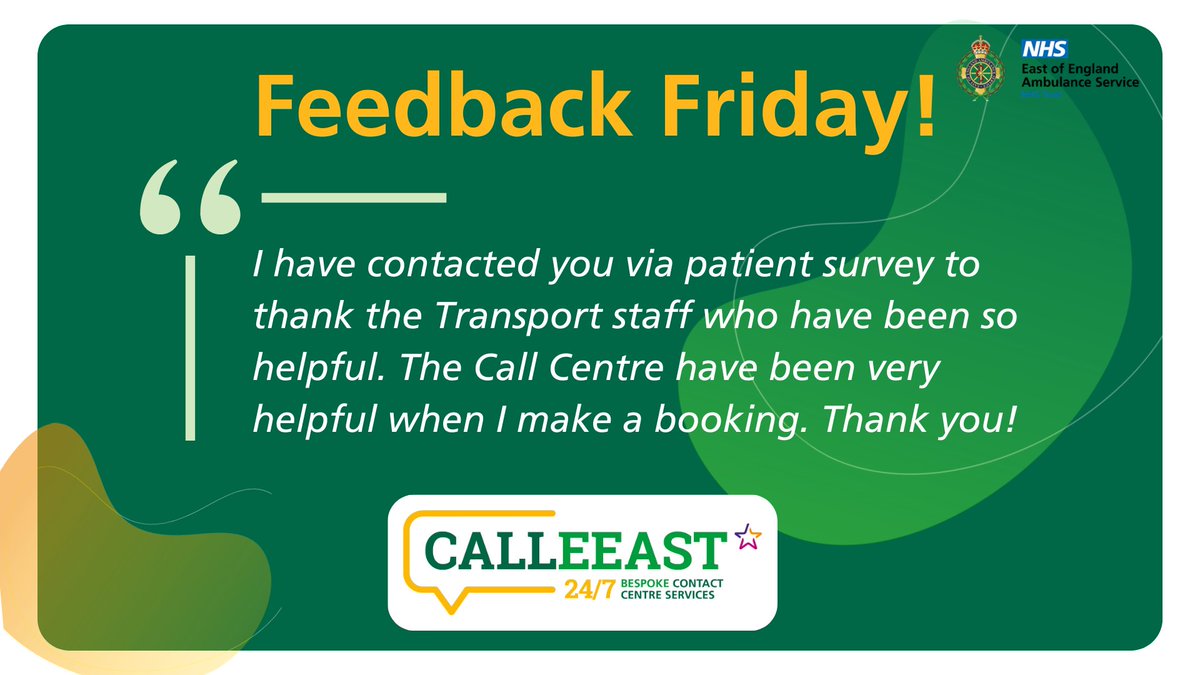 🎉It’s Feedback FriYAY and we’re celebrating another win! Huge shoutout to our amazing CallEEASTian, Zoe, for receiving glowing praise from one of our Patient Transport Users.
📧 - calleeastenquiries@eastamb.nhs.uk
📞 - 0300 790 6274
🖥️ - calleeast.co.uk

#EEAST #Feedback