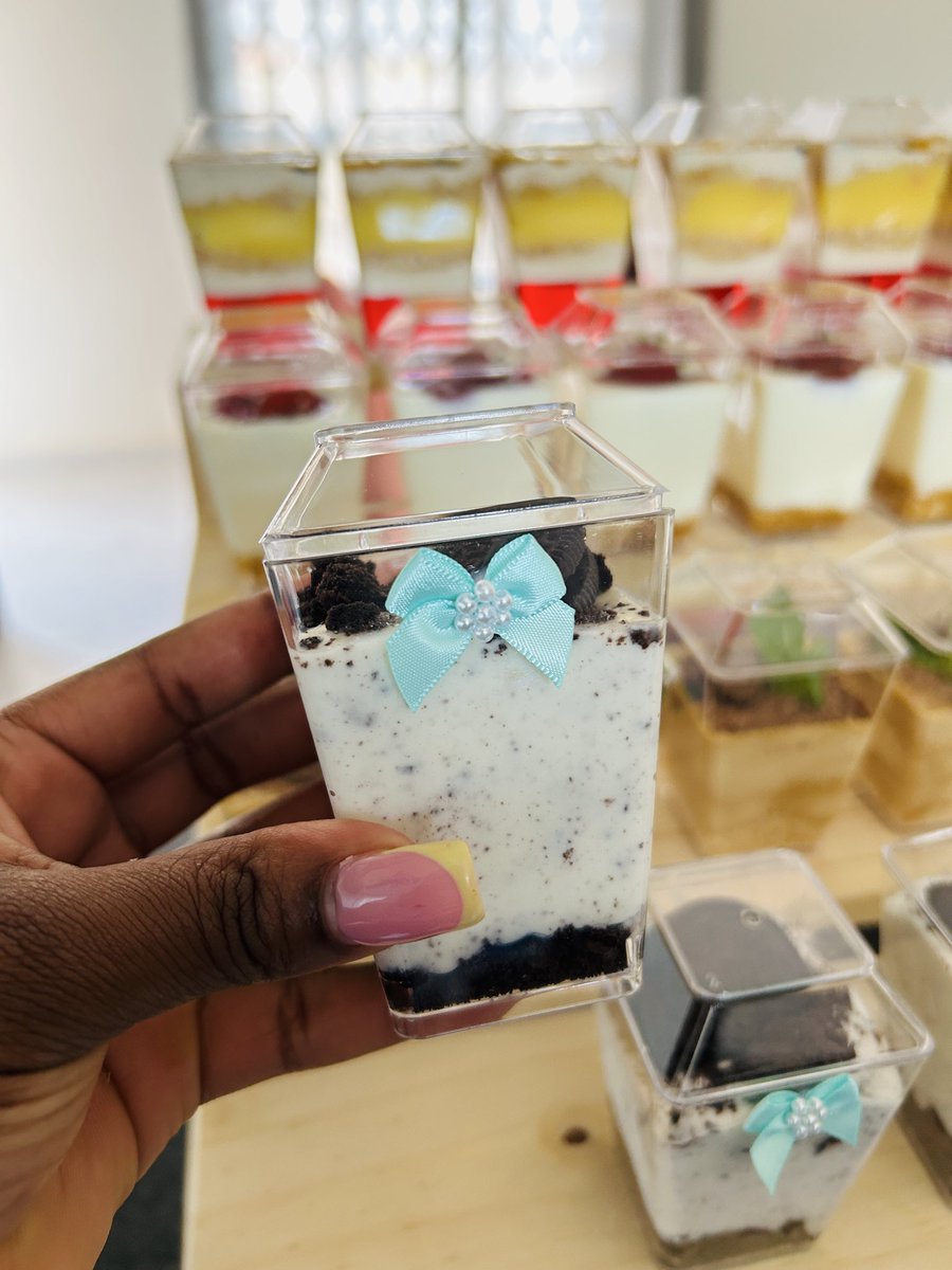 We have these cute and mouth watering dessert cups for all events, classic triffle,peppermint tart, strawberry cheese cake and oreo cheesecake. 
WhatsApp me on 77 418 632. 
We take 20 or more orders ❤️