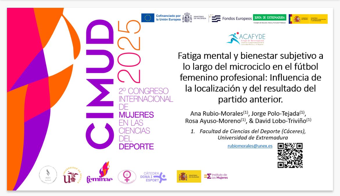 Nuestra compañera <a href="/anarubmor94/">Ana Rubio-Morales</a> presentó ayer la comunicación “Fatiga mental y bienestar subjetivo a lo largo del microciclo en el fútbol femenino profesional: Influencia de la localización y del resultado del partido anterior” 🧠⚽️
#CIMUD2025 #GrupodeinbestigacionFeminae