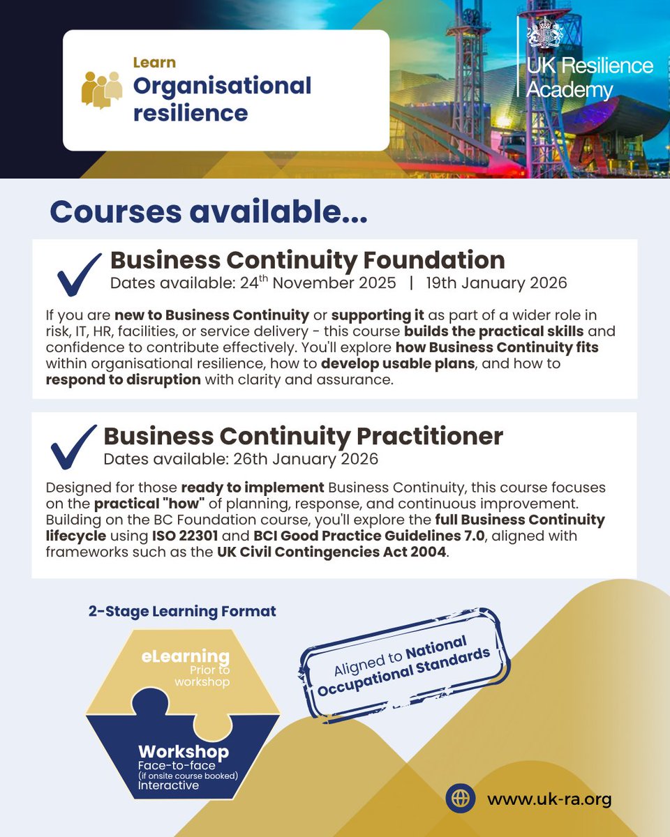 👨🏽‍💼👩‍💼Business Continuity Courses 📚

⭐ Business Continuity Foundation: ukresilienceacademy.org/courses/BCF
⭐Business Continuity Practitioner: ukresilienceacademy.org/courses/BCP

#BusinessContinuity #Resilience #EmergencyPlanning #OrganisationalResilience