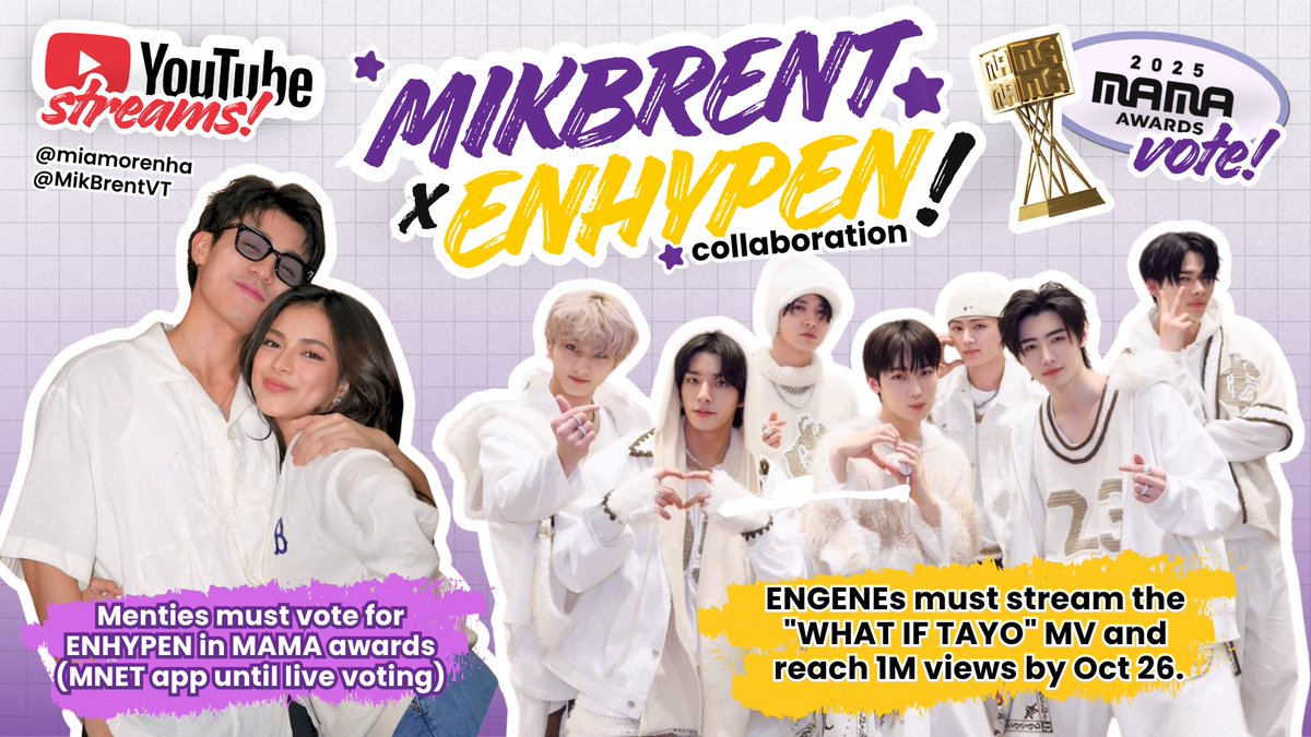 ENHYPEN X MIKBRENT FANS’ COLLABORATION 💫

“What if tayo” ang magtulungan? 👀
ENGENEs will stream MikBrent’s music video while Menties will vote for ENHYPEN in MAMA AWARDS (Round 1 until live voting)!

This collaboration is initiated and proposed by <a href="/miamorenha/">𝓴𝓪𝓽 : 𝓯𝓪𝓷 𝓪𝓬𝓬𝓸𝓾𝓷𝓽</a> together with