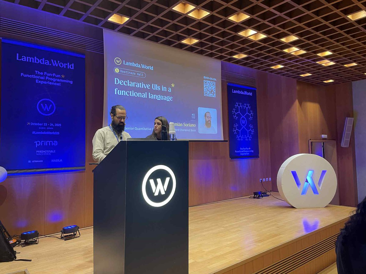 Lambda_World's tweet image. Round 4 of talks of day 2 on @Lambda_World brings
Damián Soriano presenting
Declarative UIs in a functional language
#lambdaworld #functional_programming #haskell #declarative_UIs #conference