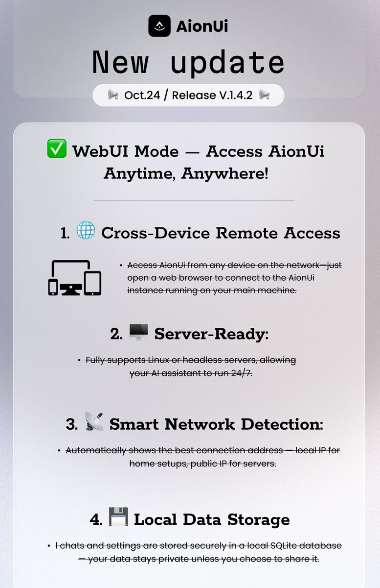 AionUi's tweet image. 🚀 AionUi WebUI Mode is here!
Access your Local AI assistant from any device, anywhere.
🌐 Secure login, 🖥️ server-ready, 📡 smart network detection — your AI is now truly always-on.
💾 All data stays local & private.
github.com/office-sec/Aio…
#AI #WebUI #Gemini
