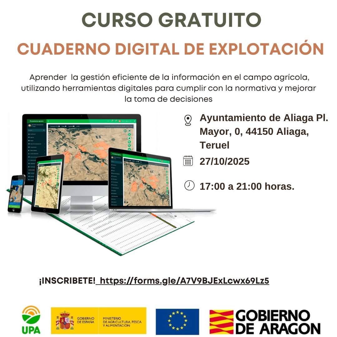 🚜💻 Cursos GRATUITOS: Cuaderno Digital de Explotación
📍 Zaragoza – 27/10👉 forms.gle/ywRsbPXuwrMcTm…
📍 Aliaga – 27/10 👉 forms.gle/A7V9BJExLcxw69…
📍 Alcolea de Cinca – 28/10 👉 forms.gle/vDjtnvGRBrM3W4…
📍 Santa Eulalia – 28/10 👉 forms.gle/gUZa3aEQeMeWiG…
✅ ¡Plazas limitadas!