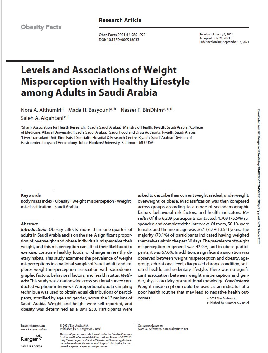67.6٪ من المصابين بالسمنة في السعودية يعتقدون أنهم في وزن طبيعي أو لديهم فقط زيادة بسيطة في الوزن. هذه الظاهرة تسمى علميا Weight Misperception

في عام ٢٠٢١، قادتني الرغبة في فهم أعمق لهذه الظاهرة إلى إجراء دراسة وطنية نشرت في مجلة Obesity Facts، سعيت من خلالها إلى إعادة تعريف