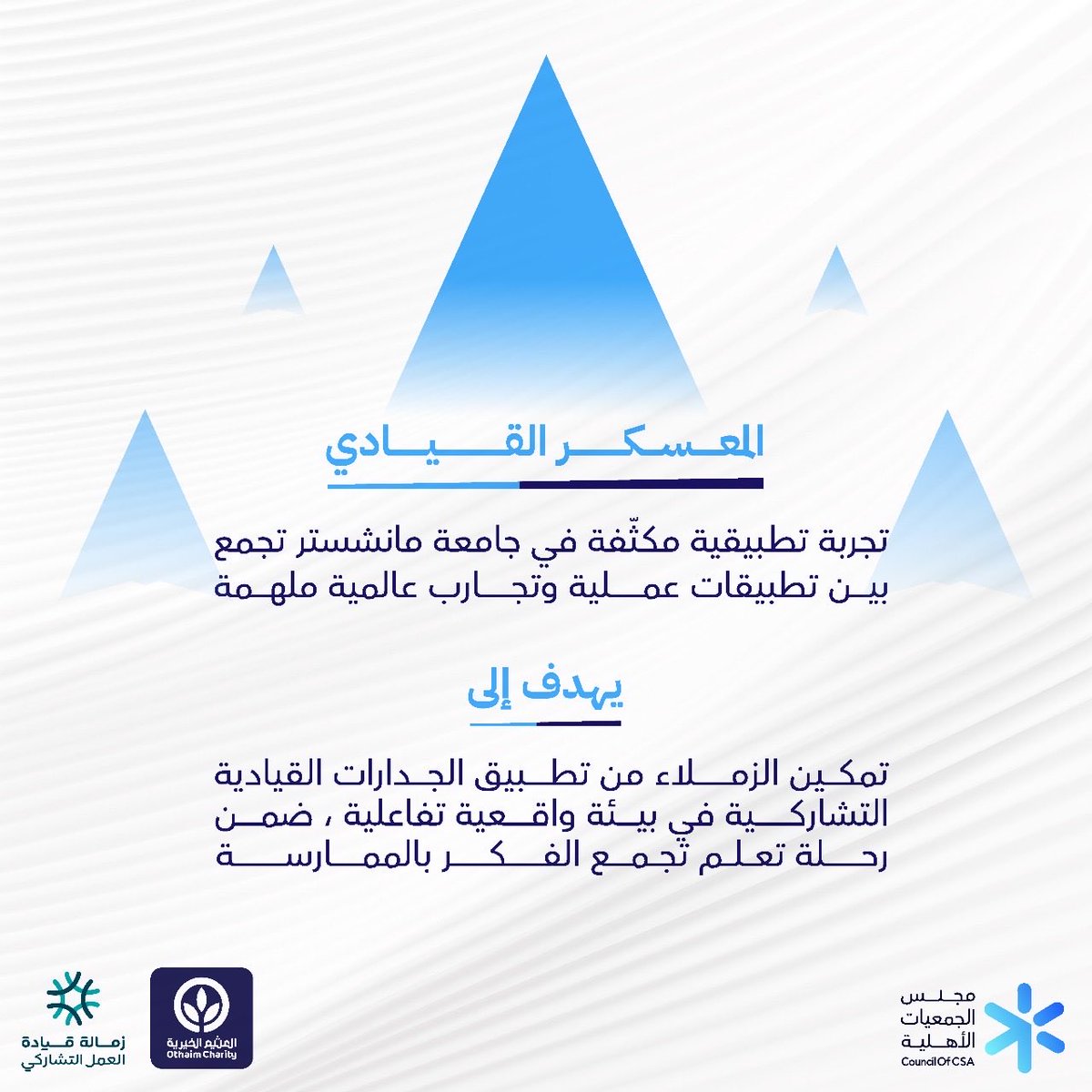 المعسكر القيادي تجربة تطبيقية مكثّفة تجمع الفكر بالممارسة،
لتمكين الزملاء من تطبيق الجدارات القيادية التشاركية في بيئة تفاعلية ✨

#مجلس_الجمعيات_الأهلية
#زمالة_القيادة_التشاركية