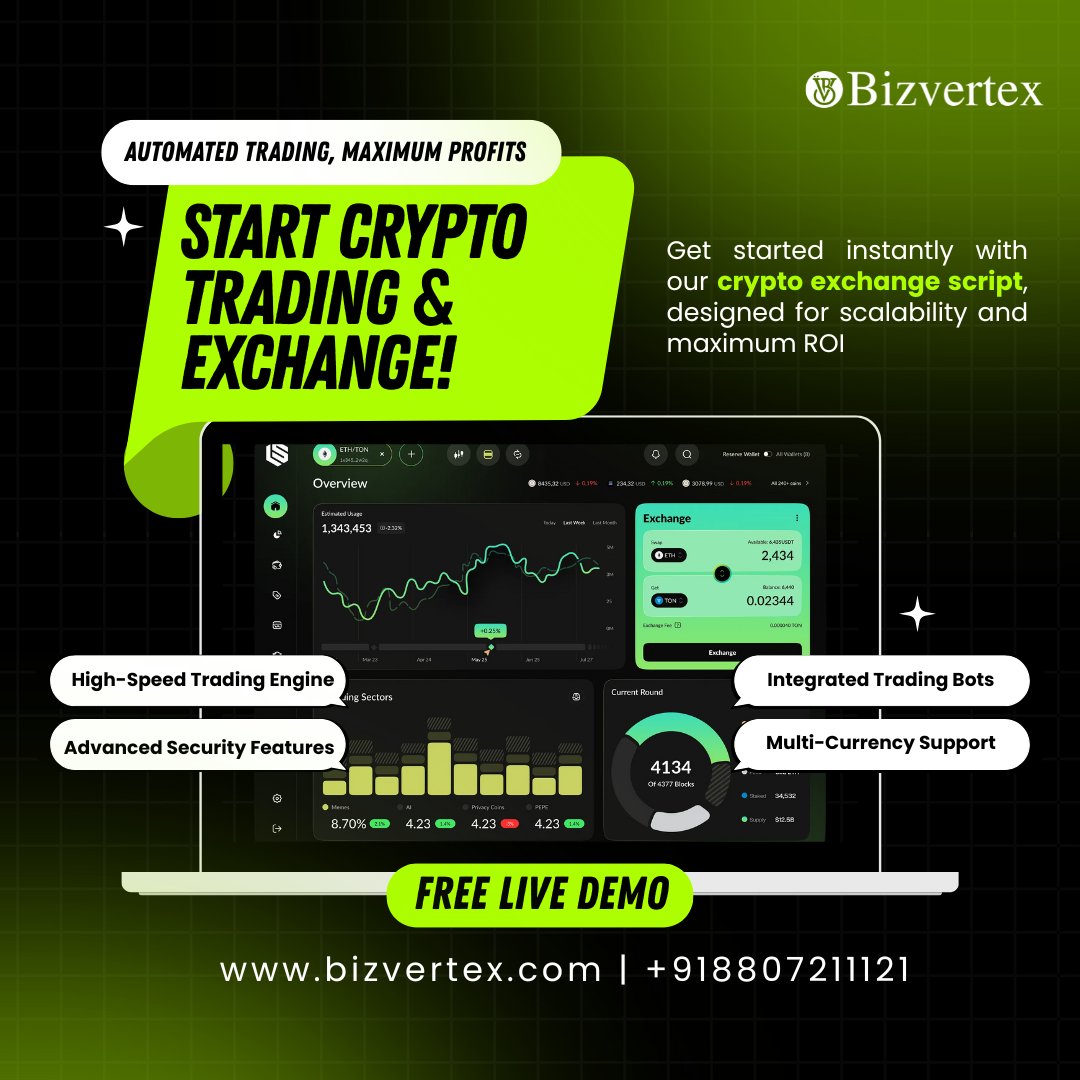 bizvertex's tweet image. Ready to launch a #cryptoexchange that stands out? #Bizvertex’s #cryptoexchangescript combines advanced security protocols, KYC/AML compliance, smart #tradingbots to give your platform a cutting-edge advantage.
Free demo - bizvertex.com/cryptocurrency…
#CryptoTrading #CryptoMarket
