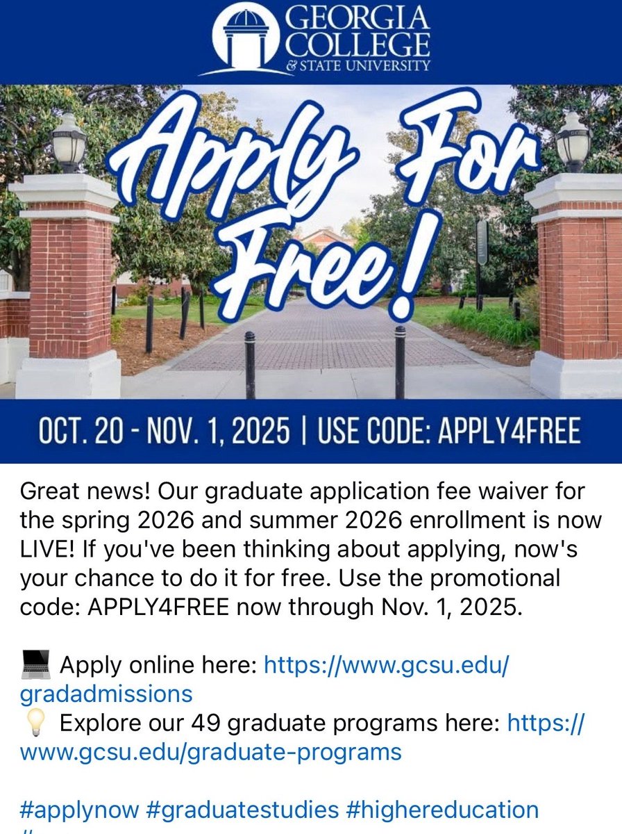temabef's tweet image. Apply for free to Georgia College and State University graduate programs. 

Code: APPLY4FREE