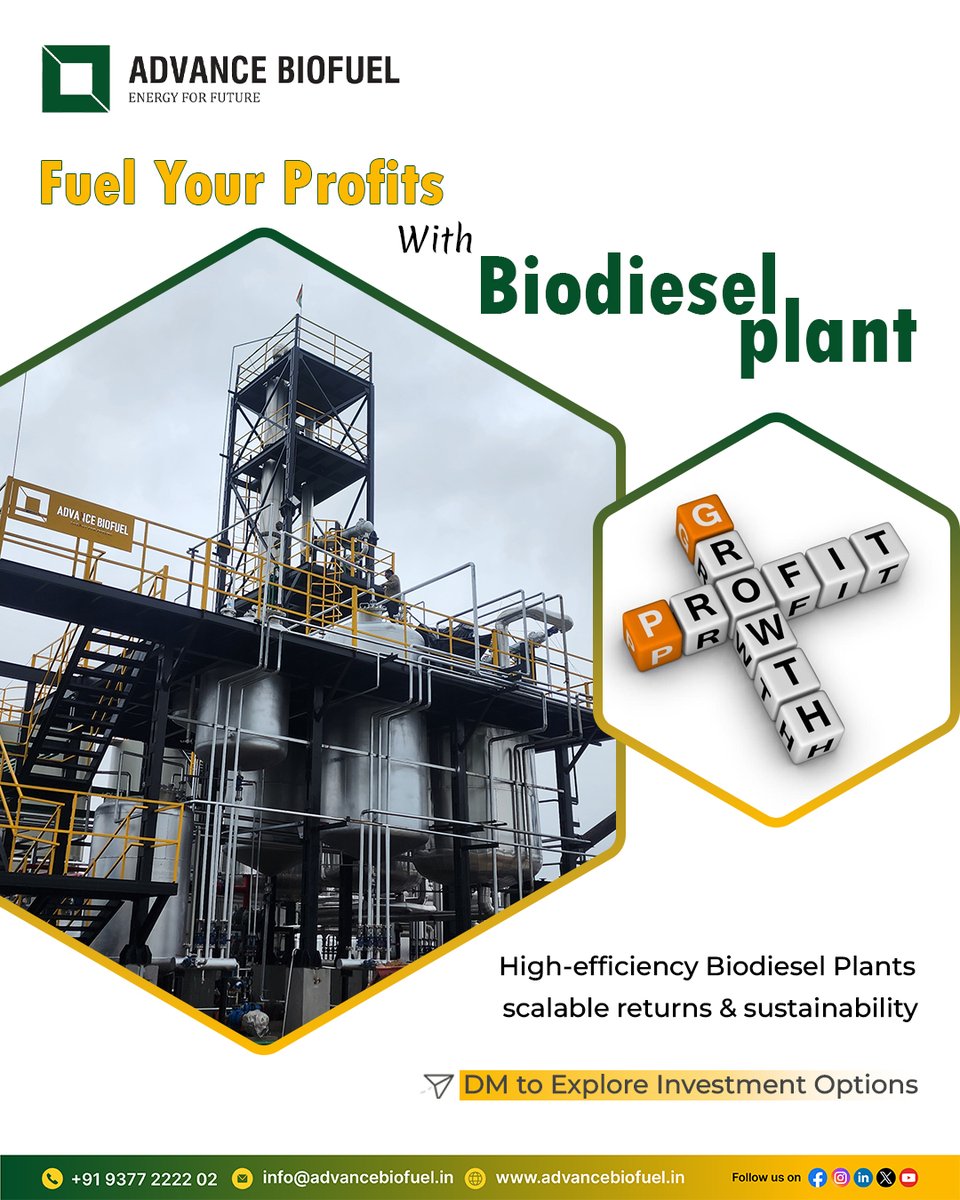 advancebiofuel's tweet image. Biodiesel is more than energy - it’s an opportunity for strong, sustainable growth. Join the leaders investing in tomorrow.

#BiodieselPlant #GreenInvestments #TurnkeyProjects #InvestorGrowth #AdvancedBiofuel
