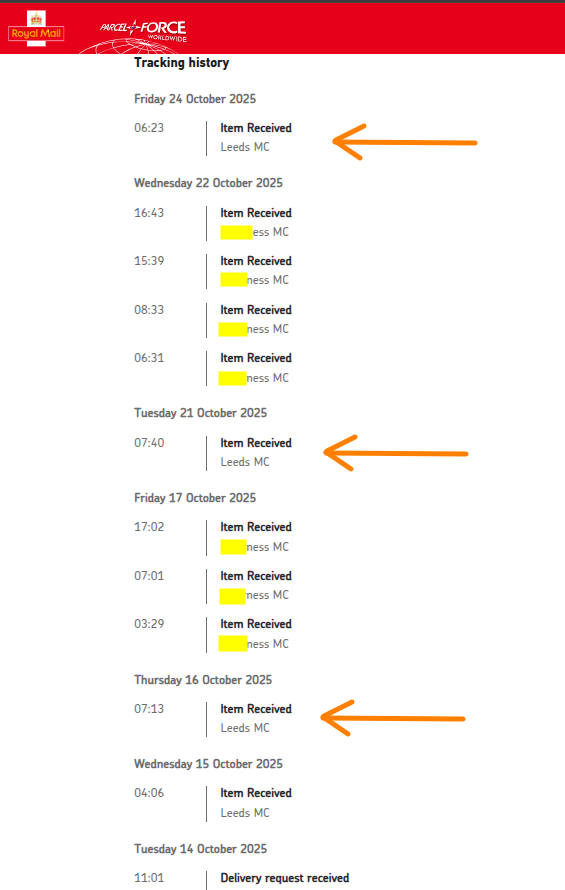 crisdeodates's tweet photo. @RoyalMailHelp, @RoyalMail whatever game you are playing, THIS IS NOT FAIR. Parcel being sent back &amp; forth!! It came to the MC near my PO two times &amp; has been mis-sorted, sent back to Leeds for the third time in a row. What crazy STONE AGE ERA sorting algorithm are you using? https://t.co/r7eJojAxCY