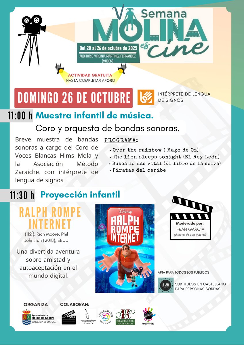 🎬✨ ¡Este fin de semana, la magia del cine llega a Molina de Segura!
📅 Sábado 25 de octubre y 📅 Domingo 26 de octubre
📍 Auditorio Virginia Martínez Fernández (MUDEM)
🎟️ Actividad gratuita hasta completar aforo
#MolinaEsCine #CulturaMolina #CineInclusivo #MolinaDeSegura