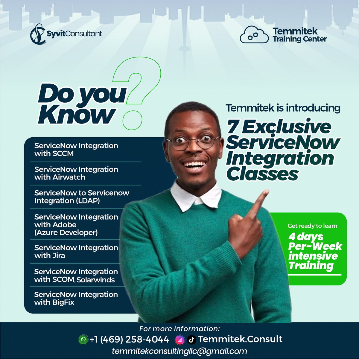 SyvittekConsult's tweet photo. 🚀 Do you know? Temmitek is introducing 7 powerful ServiceNow Integration Classes!
From SCCM to Jira, BigFix to LDAP — we're taking you deep into real-world, job-ready scenarios that companies actually use.

#ServiceNowTraining #TemmitekConsult #TechCareer #Integration https://t.co/NZVBfuLpRh