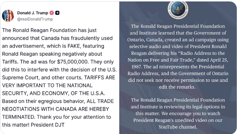 Trump ends trade talks accusing the ON gov ad of being "FAKE." Reagan Foundation claims Reagan's 1987 speech on Free Trade is being misrepresented. 
Here is the transcript of that speech. Judge for yourself if his message on tariffs is being misrepresented reaganlibrary.gov/archives/speec…