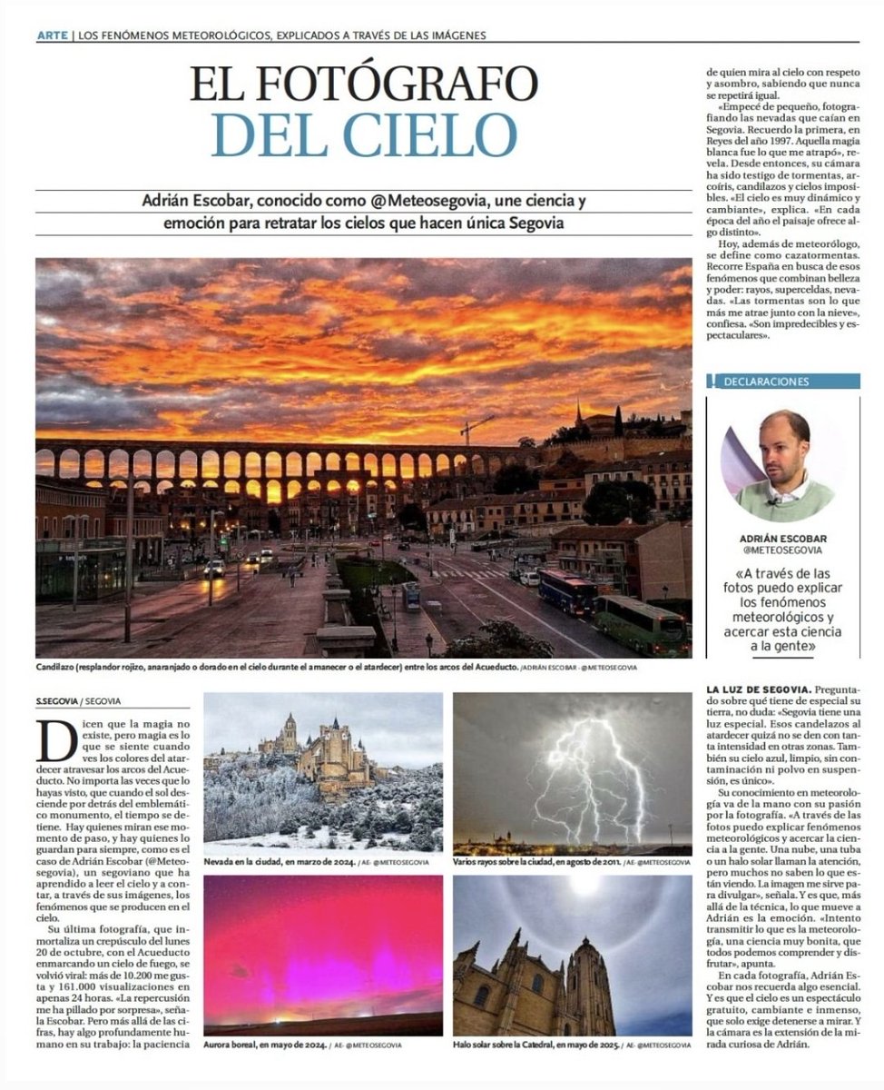 meteosegovia's tweet photo. "El #fotógrafo del #cielo". Entrevista donde hablo sobre mi pasión por la fotografia y meteorologia que salio en el Dia de #Segovia. Enlace al articulo en internet:

https://t.co/liVwGLAgdM https://t.co/DaU1fUwPOm