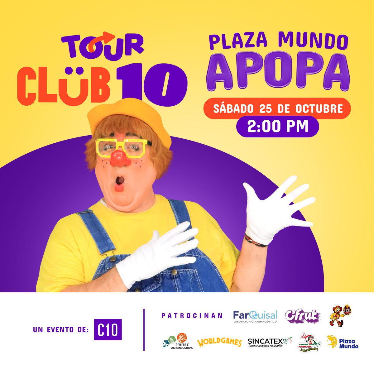 ¡Nos encontramos mañana en <a href="/PlazaMundo_/">@plazamundo_</a>  Apopa con #TourClub10!🤩

La diversión llega acompañada de muchas dinámicas y premios junto a <a href="/pildorines/">Pildorin el Payaso</a>.🎈🎉
