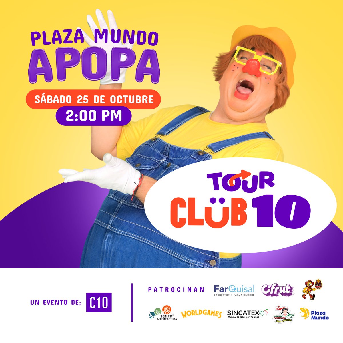 ¡Hoy nos vemos en <a href="/PlazaMundo_/">@plazamundo_</a> Apopa con #TourClub10!🤩🎉

Prepárate para disfrutar una jornada llena de risas, juegos y premios junto a <a href="/pildorines/">Pildorin el Payaso</a>.🥳🎈

¡La diversión está garantizada, no faltes!✨